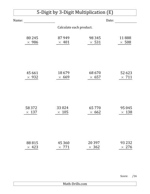The Multiplying 5-Digit by 3-Digit Numbers with Space-Separated Thousands (E) Math Worksheet