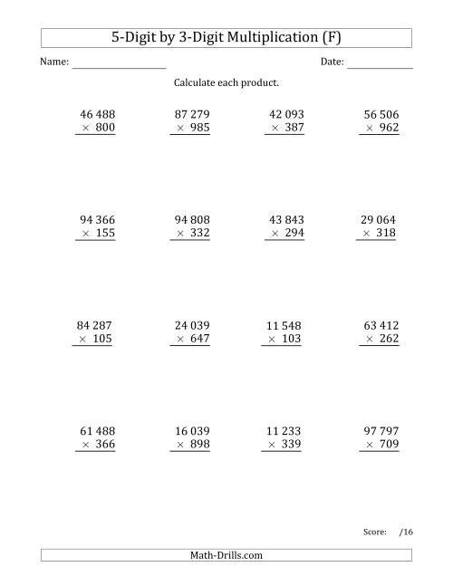 The Multiplying 5-Digit by 3-Digit Numbers with Space-Separated Thousands (F) Math Worksheet
