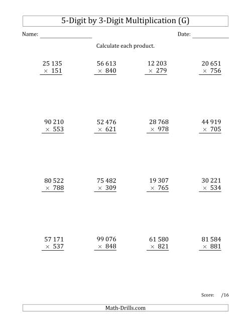 The Multiplying 5-Digit by 3-Digit Numbers with Space-Separated Thousands (G) Math Worksheet