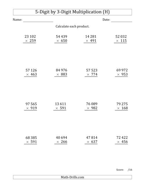 The Multiplying 5-Digit by 3-Digit Numbers with Space-Separated Thousands (H) Math Worksheet