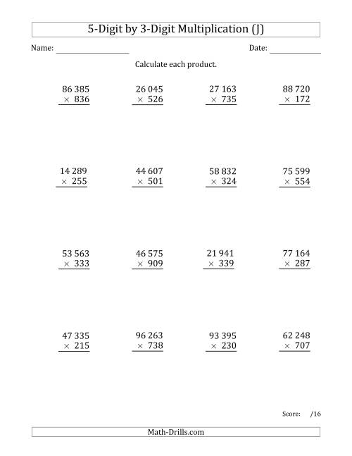 The Multiplying 5-Digit by 3-Digit Numbers with Space-Separated Thousands (J) Math Worksheet