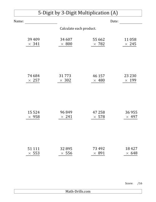 The Multiplying 5-Digit by 3-Digit Numbers with Space-Separated Thousands (All) Math Worksheet