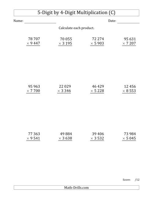 The Multiplying 5-Digit by 4-Digit Numbers with Space-Separated Thousands (C) Math Worksheet