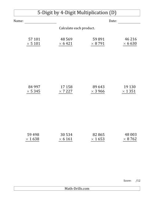 The Multiplying 5-Digit by 4-Digit Numbers with Space-Separated Thousands (D) Math Worksheet