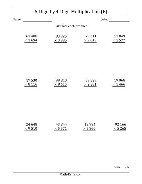The Multiplying 5-Digit by 4-Digit Numbers with Space-Separated Thousands (E) Math Worksheet