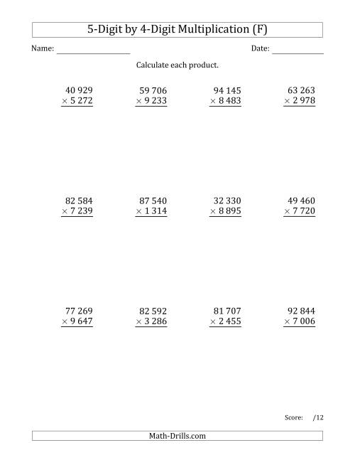 The Multiplying 5-Digit by 4-Digit Numbers with Space-Separated Thousands (F) Math Worksheet