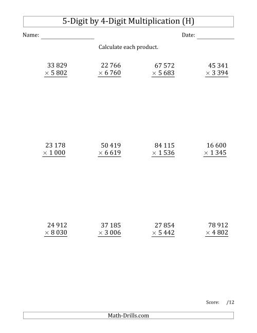 The Multiplying 5-Digit by 4-Digit Numbers with Space-Separated Thousands (H) Math Worksheet