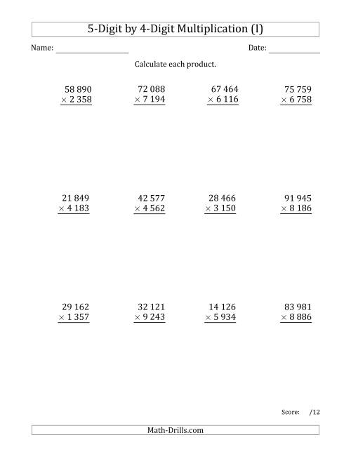 The Multiplying 5-Digit by 4-Digit Numbers with Space-Separated Thousands (I) Math Worksheet