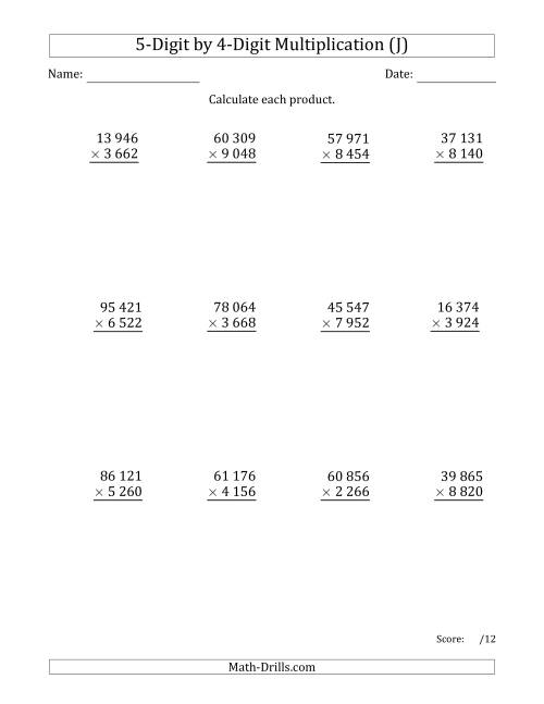 The Multiplying 5-Digit by 4-Digit Numbers with Space-Separated Thousands (J) Math Worksheet