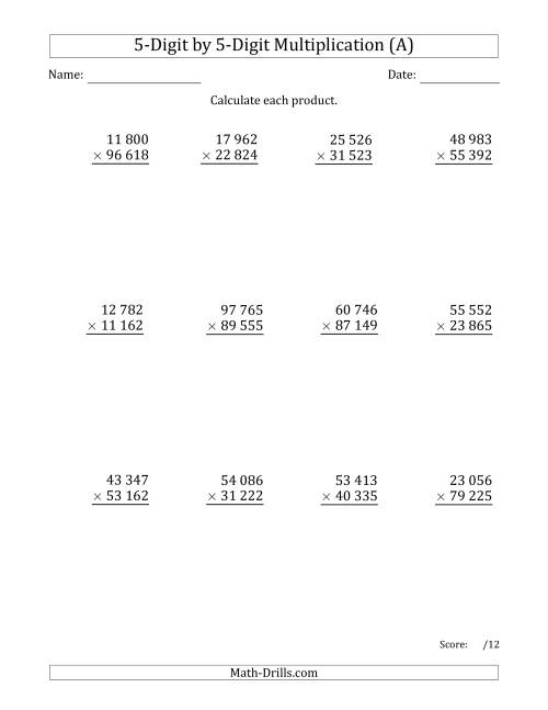 The Multiplying 5-Digit by 5-Digit Numbers with Space-Separated Thousands (A) Math Worksheet