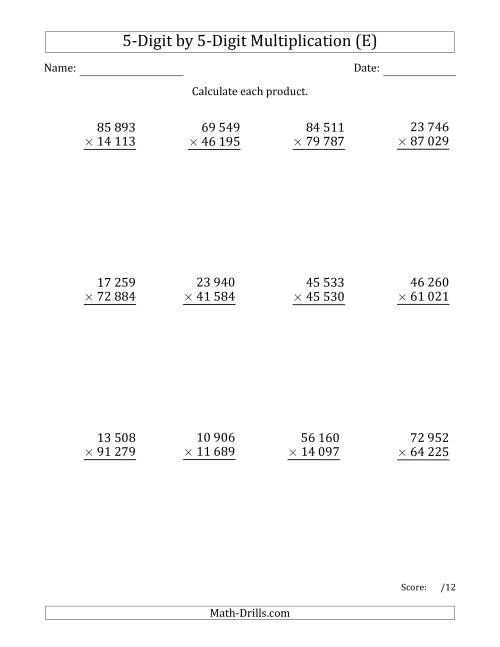 The Multiplying 5-Digit by 5-Digit Numbers with Space-Separated Thousands (E) Math Worksheet