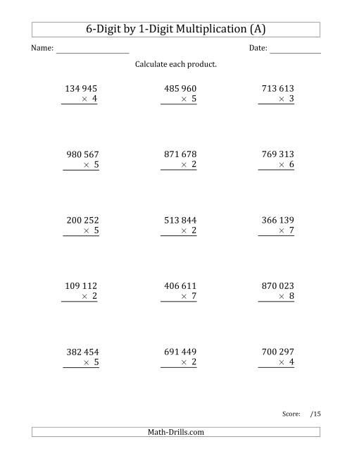 The Multiplying 6-Digit by 1-Digit Numbers with Space-Separated Thousands (A) Math Worksheet