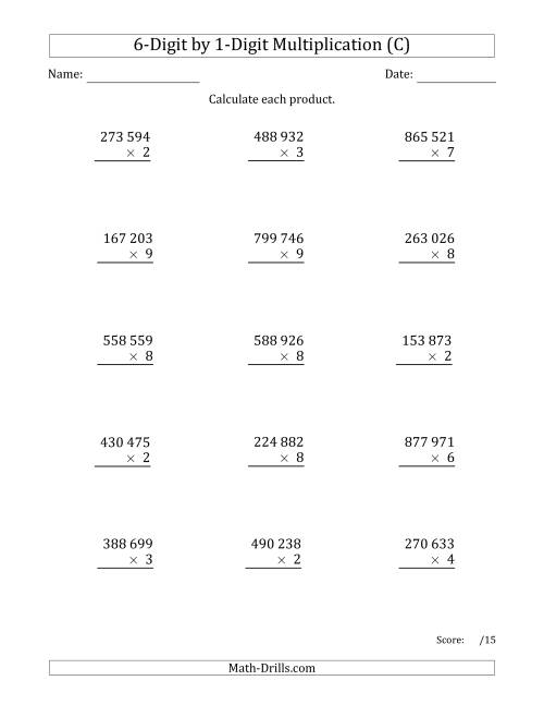 The Multiplying 6-Digit by 1-Digit Numbers with Space-Separated Thousands (C) Math Worksheet