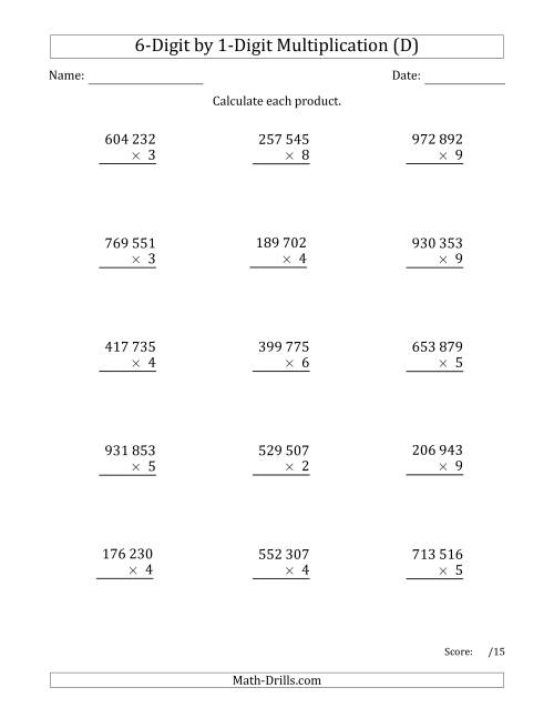 The Multiplying 6-Digit by 1-Digit Numbers with Space-Separated Thousands (D) Math Worksheet