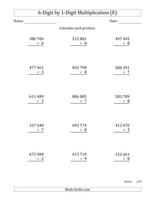 The Multiplying 6-Digit by 1-Digit Numbers with Space-Separated Thousands (E) Math Worksheet