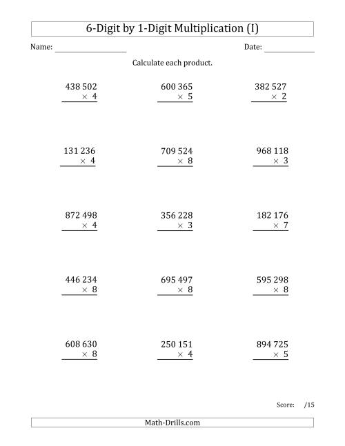 The Multiplying 6-Digit by 1-Digit Numbers with Space-Separated Thousands (I) Math Worksheet