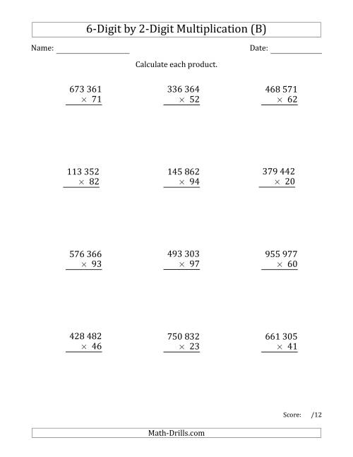 The Multiplying 6-Digit by 2-Digit Numbers with Space-Separated Thousands (B) Math Worksheet