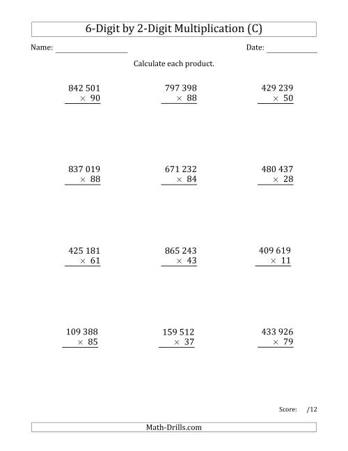 The Multiplying 6-Digit by 2-Digit Numbers with Space-Separated Thousands (C) Math Worksheet