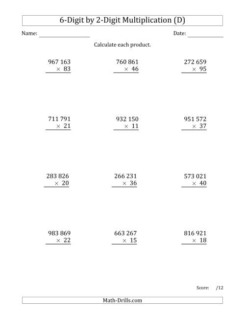 The Multiplying 6-Digit by 2-Digit Numbers with Space-Separated Thousands (D) Math Worksheet