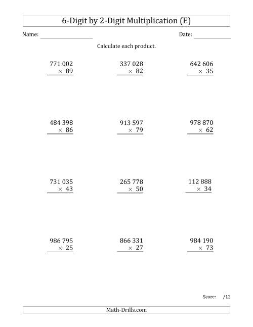 The Multiplying 6-Digit by 2-Digit Numbers with Space-Separated Thousands (E) Math Worksheet