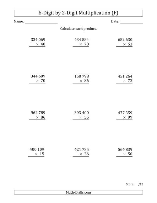 The Multiplying 6-Digit by 2-Digit Numbers with Space-Separated Thousands (F) Math Worksheet
