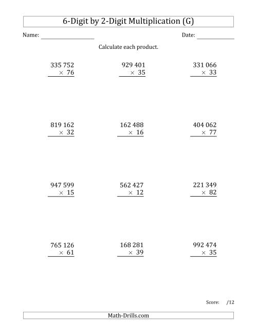 The Multiplying 6-Digit by 2-Digit Numbers with Space-Separated Thousands (G) Math Worksheet