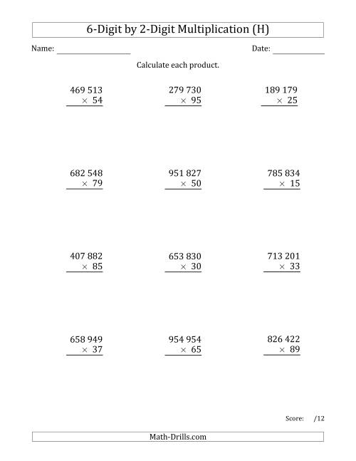 The Multiplying 6-Digit by 2-Digit Numbers with Space-Separated Thousands (H) Math Worksheet