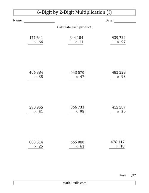 The Multiplying 6-Digit by 2-Digit Numbers with Space-Separated Thousands (I) Math Worksheet