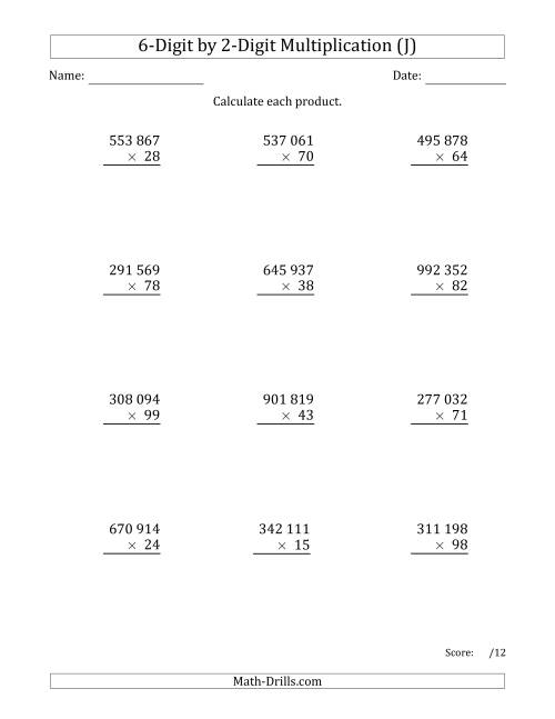 The Multiplying 6-Digit by 2-Digit Numbers with Space-Separated Thousands (J) Math Worksheet