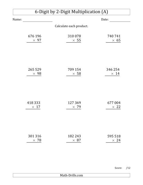 The Multiplying 6-Digit by 2-Digit Numbers with Space-Separated Thousands (All) Math Worksheet