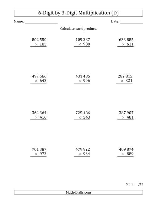 The Multiplying 6-Digit by 3-Digit Numbers with Space-Separated Thousands (D) Math Worksheet