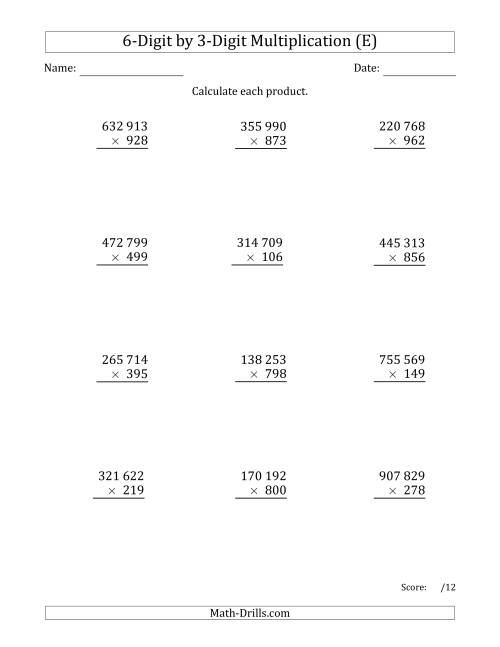 The Multiplying 6-Digit by 3-Digit Numbers with Space-Separated Thousands (E) Math Worksheet