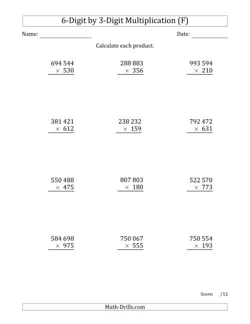 The Multiplying 6-Digit by 3-Digit Numbers with Space-Separated Thousands (F) Math Worksheet