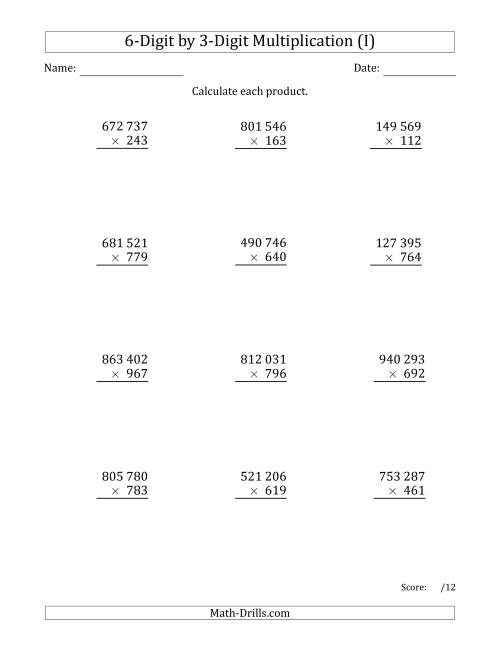 The Multiplying 6-Digit by 3-Digit Numbers with Space-Separated Thousands (I) Math Worksheet
