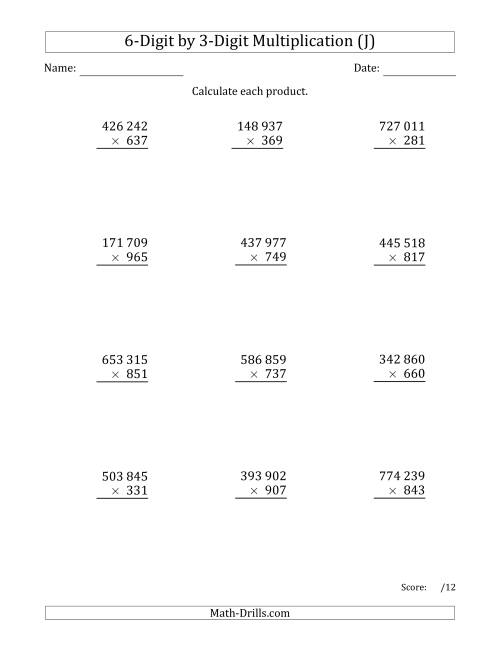 The Multiplying 6-Digit by 3-Digit Numbers with Space-Separated Thousands (J) Math Worksheet