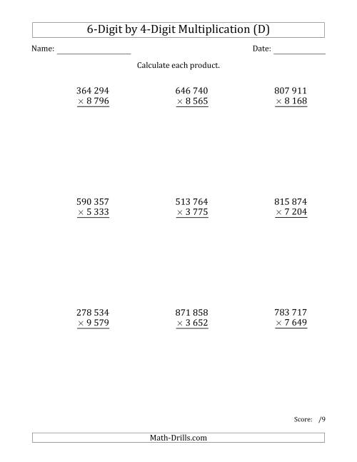 The Multiplying 6-Digit by 4-Digit Numbers with Space-Separated Thousands (D) Math Worksheet
