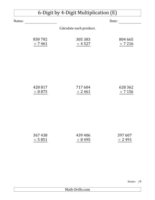 The Multiplying 6-Digit by 4-Digit Numbers with Space-Separated Thousands (E) Math Worksheet