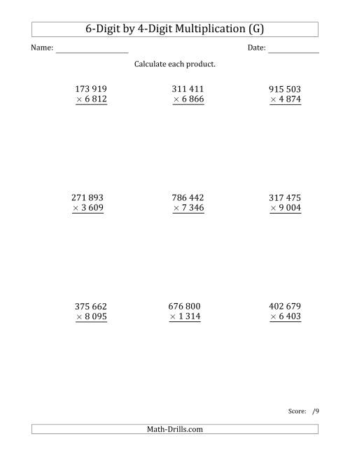 The Multiplying 6-Digit by 4-Digit Numbers with Space-Separated Thousands (G) Math Worksheet