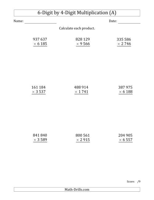 The Multiplying 6-Digit by 4-Digit Numbers with Space-Separated Thousands (All) Math Worksheet
