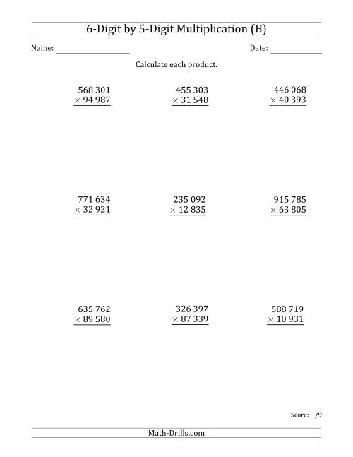The Multiplying 6-Digit by 5-Digit Numbers with Space-Separated Thousands (B) Math Worksheet