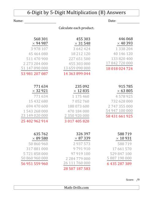 The Multiplying 6-Digit by 5-Digit Numbers with Space-Separated Thousands (B) Math Worksheet Page 2