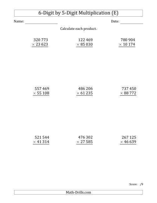 The Multiplying 6-Digit by 5-Digit Numbers with Space-Separated Thousands (E) Math Worksheet