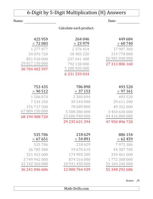 The Multiplying 6-Digit by 5-Digit Numbers with Space-Separated Thousands (H) Math Worksheet Page 2