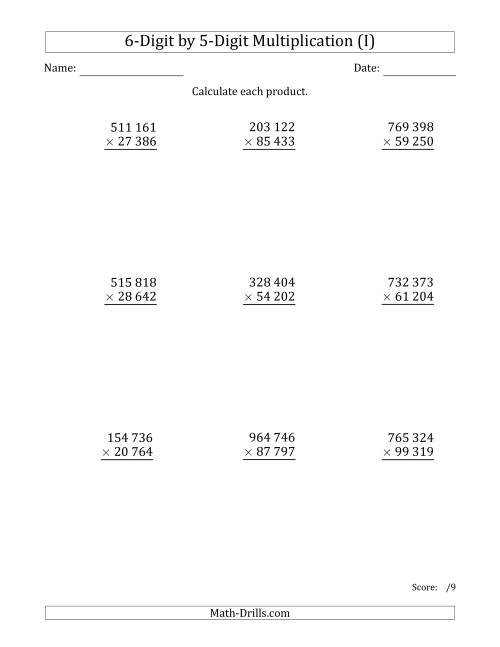 The Multiplying 6-Digit by 5-Digit Numbers with Space-Separated Thousands (I) Math Worksheet