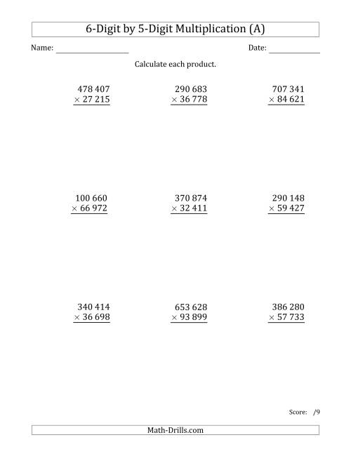 The Multiplying 6-Digit by 5-Digit Numbers with Space-Separated Thousands (All) Math Worksheet