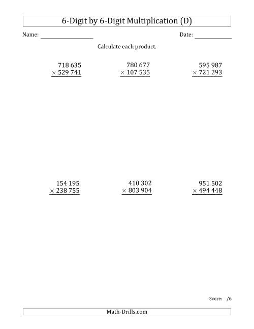 The Multiplying 6-Digit by 6-Digit Numbers with Space-Separated Thousands (D) Math Worksheet