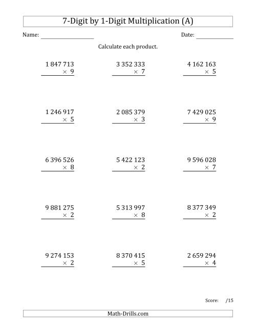 The Multiplying 7-Digit by 1-Digit Numbers with Space-Separated Thousands (A) Math Worksheet
