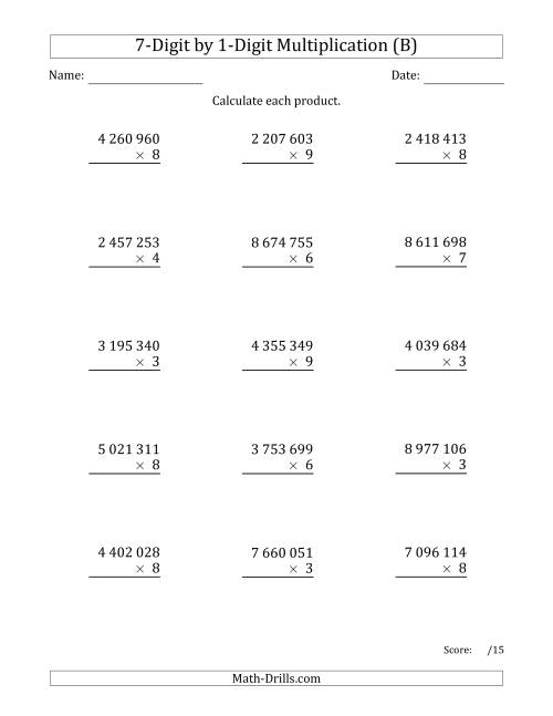 The Multiplying 7-Digit by 1-Digit Numbers with Space-Separated Thousands (B) Math Worksheet