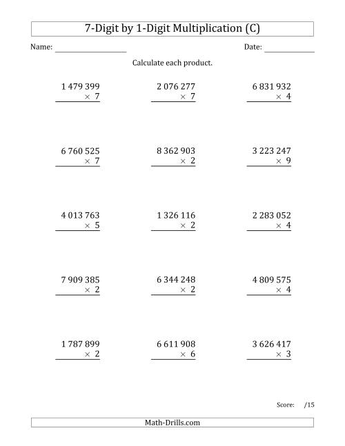 The Multiplying 7-Digit by 1-Digit Numbers with Space-Separated Thousands (C) Math Worksheet