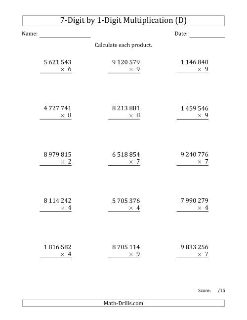 The Multiplying 7-Digit by 1-Digit Numbers with Space-Separated Thousands (D) Math Worksheet
